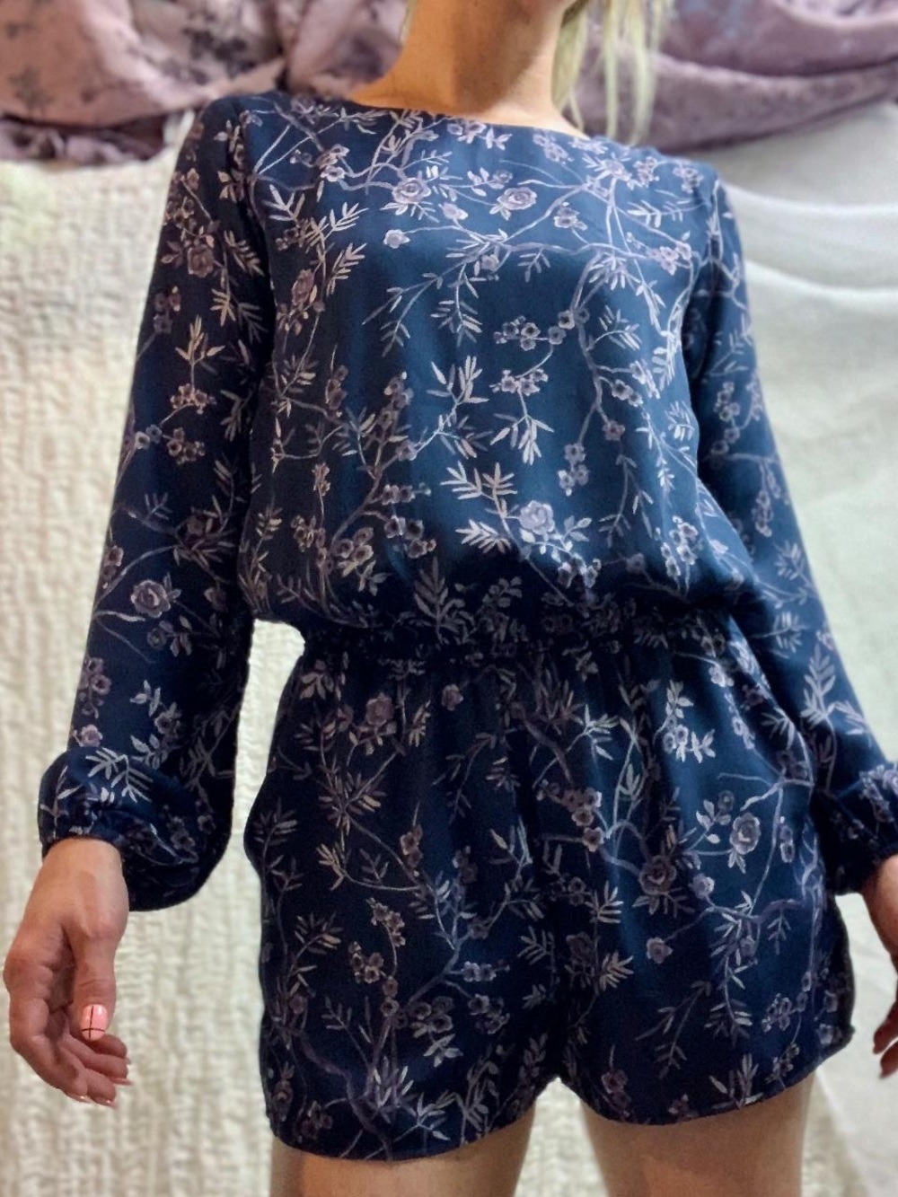 Luca Couture Navy Floral Long-Sleeve Romper Open Back size S